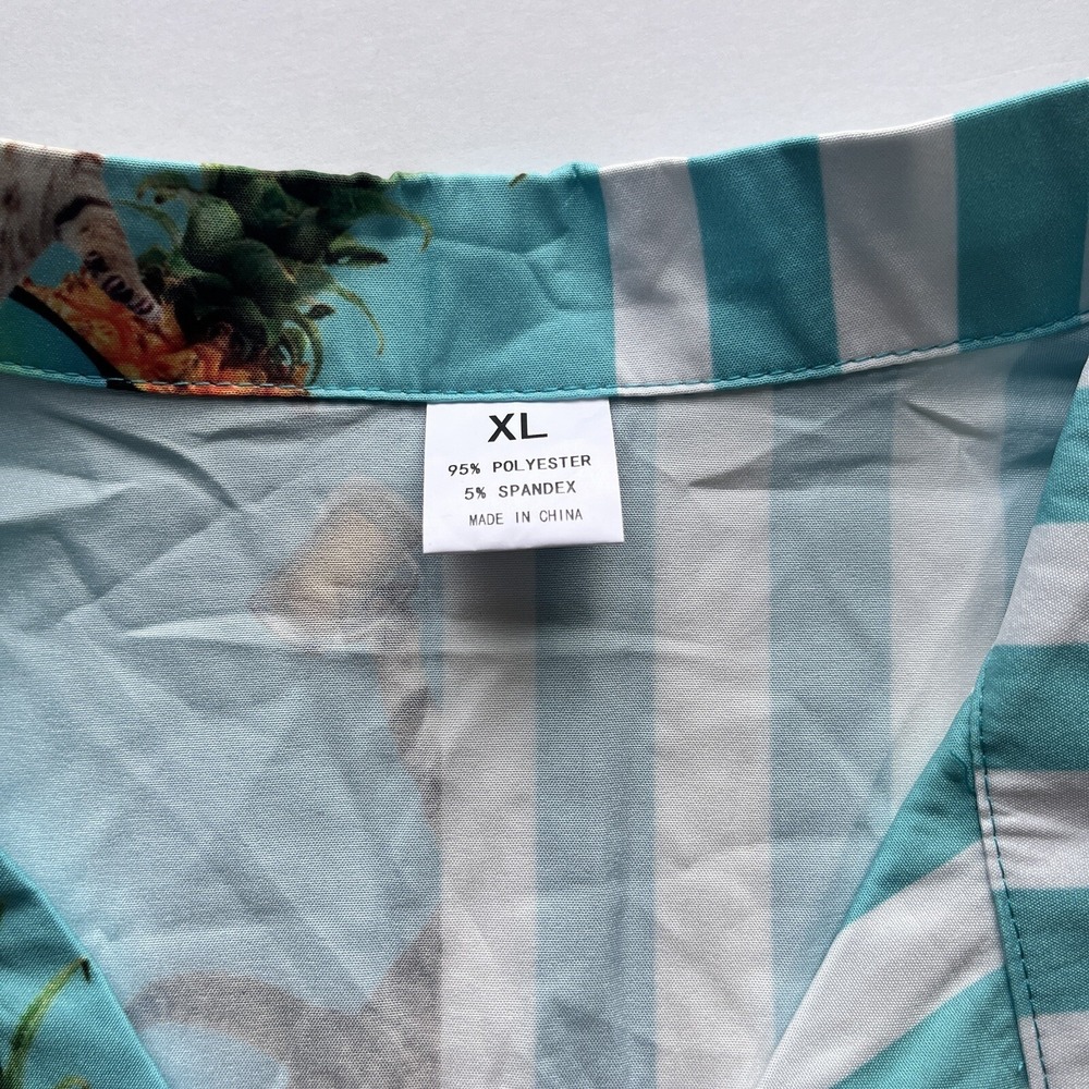 Mens XL Tropical Cat Beer Pineapple Striped Split Button Down Shirt Blue White - Picture 4 of 6